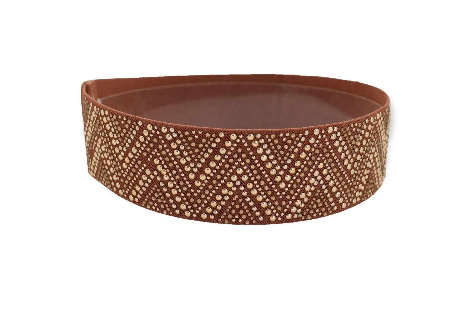 New Women Brown Elastic Fashion Belt Gold Metal Stud Chevron S M