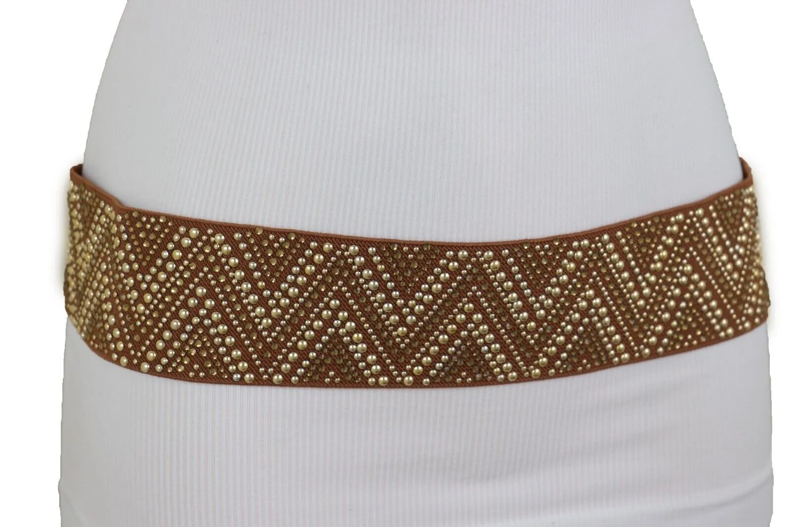 New Women Brown Elastic Fashion Belt Gold Metal Stud Chevron S M