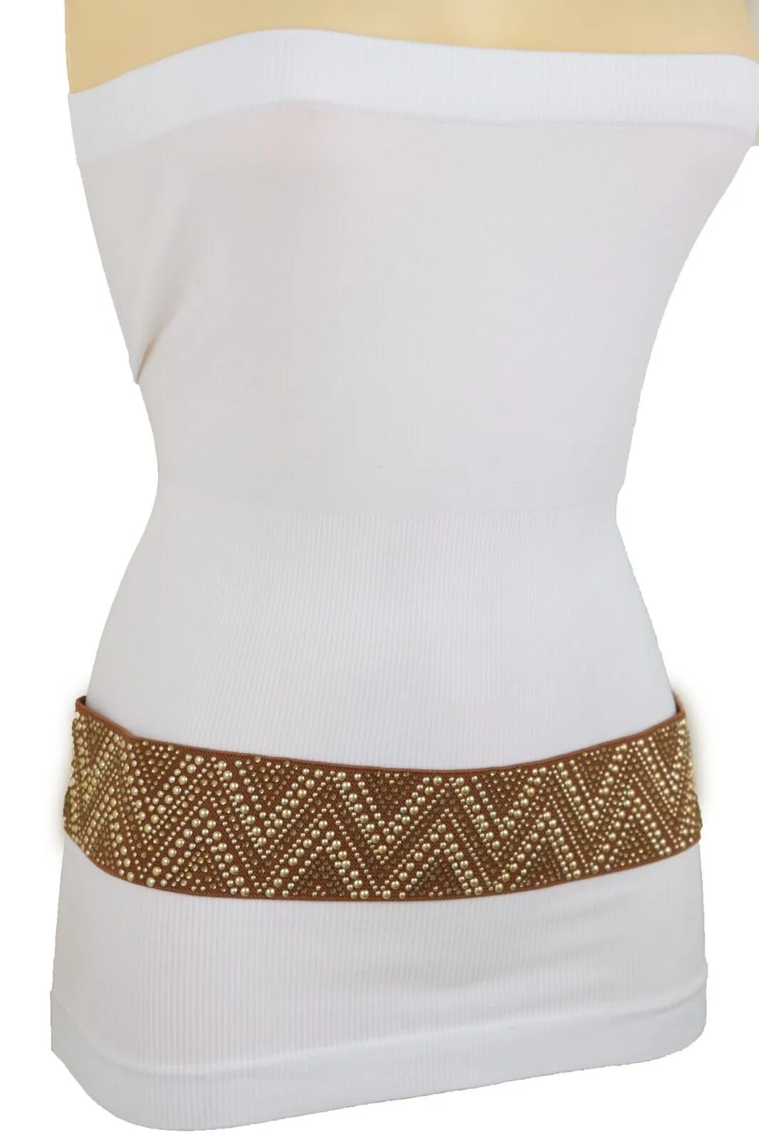 New Women Brown Elastic Fashion Belt Gold Metal Stud Chevron S M