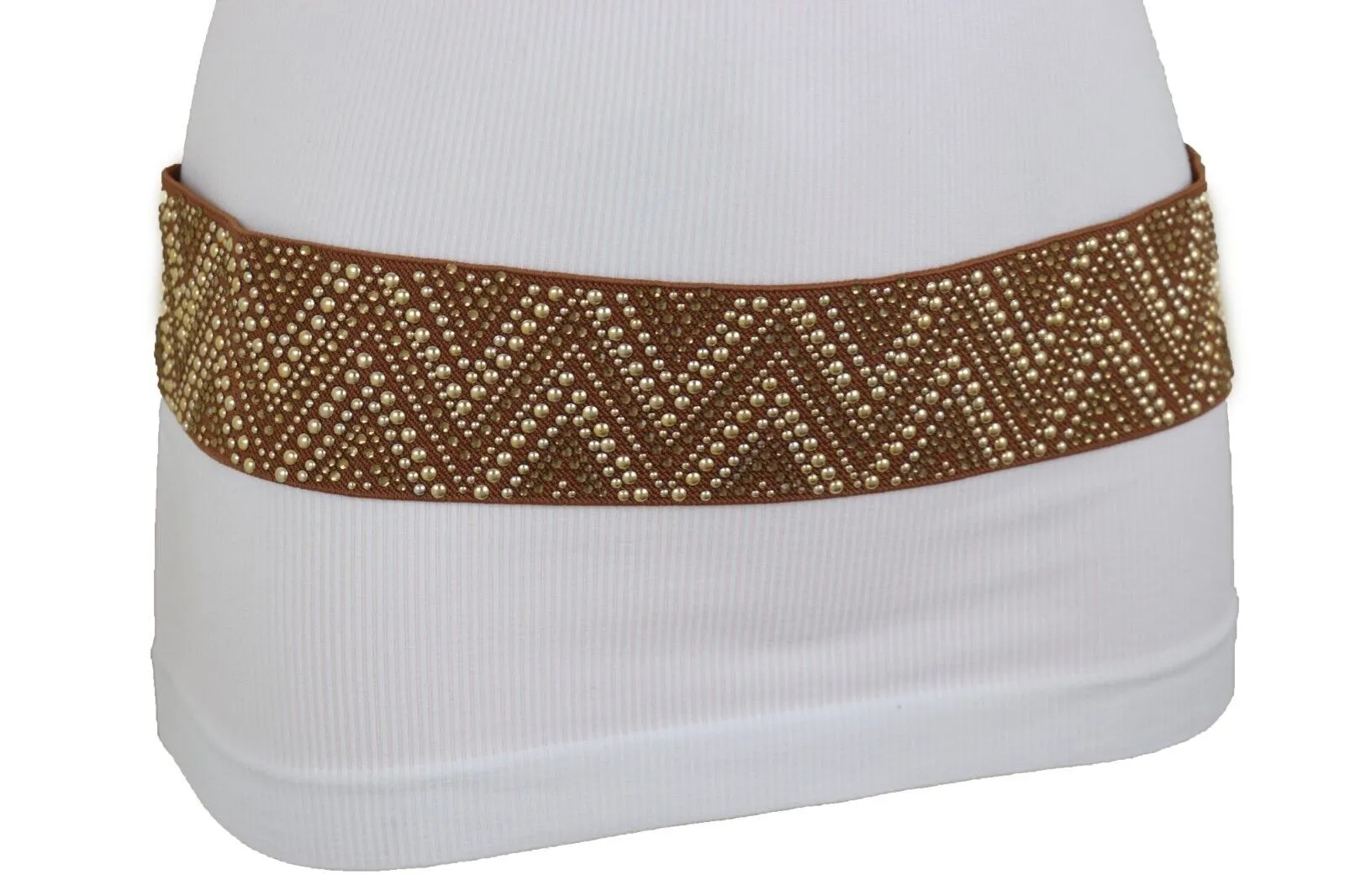 New Women Brown Elastic Fashion Belt Gold Metal Stud Chevron S M