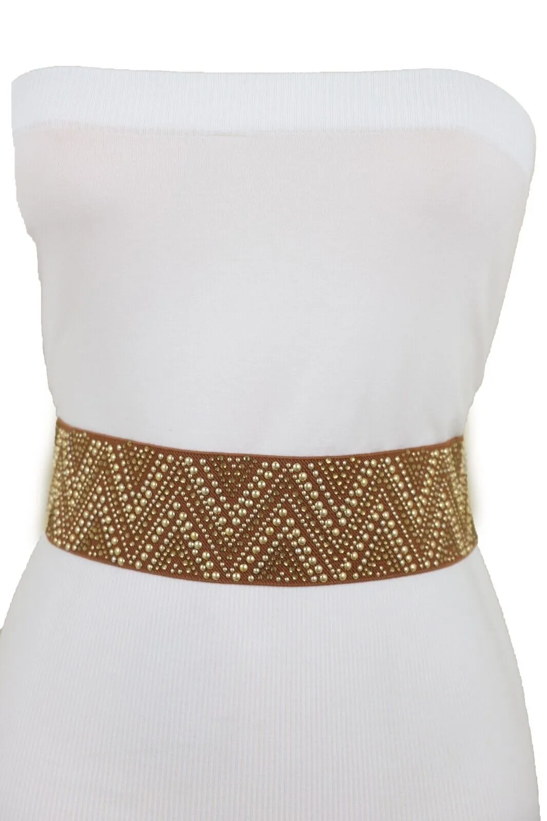 New Women Brown Elastic Fashion Belt Gold Metal Stud Chevron S M