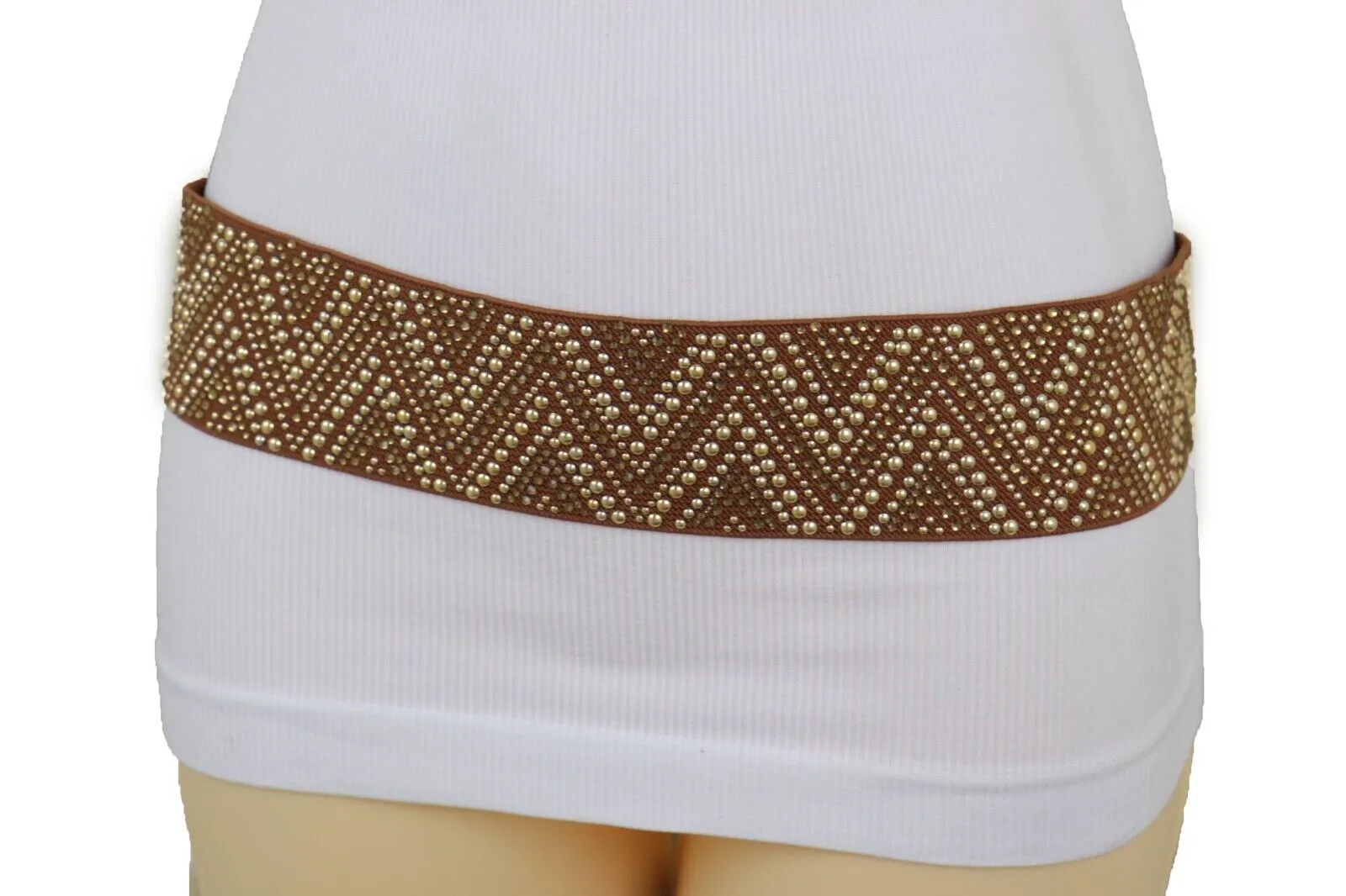 New Women Brown Elastic Fashion Belt Gold Metal Stud Chevron S M
