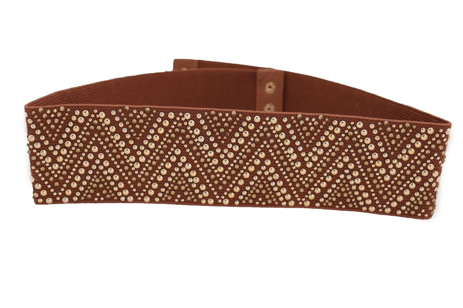 New Women Brown Elastic Fashion Belt Gold Metal Stud Chevron S M