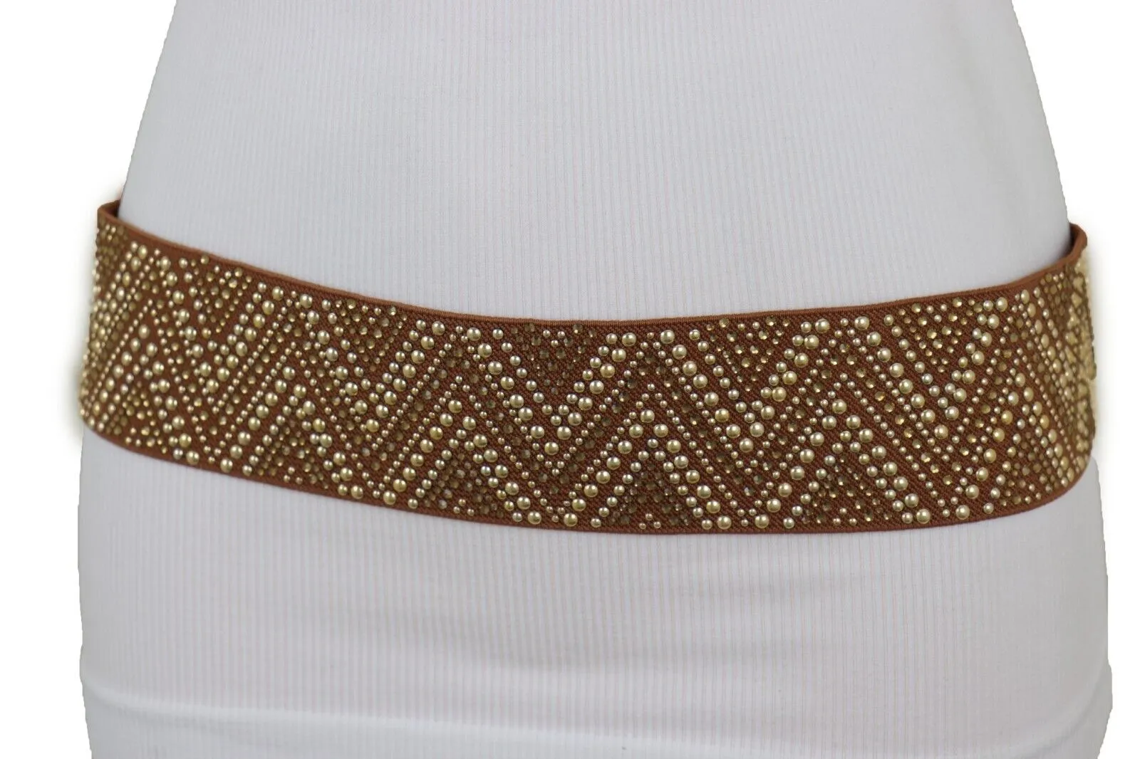 New Women Brown Elastic Fashion Belt Gold Metal Stud Chevron S M