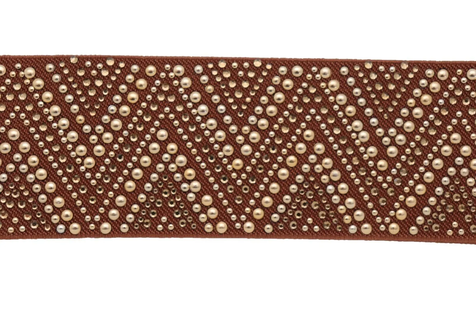 New Women Brown Elastic Fashion Belt Gold Metal Stud Chevron S M
