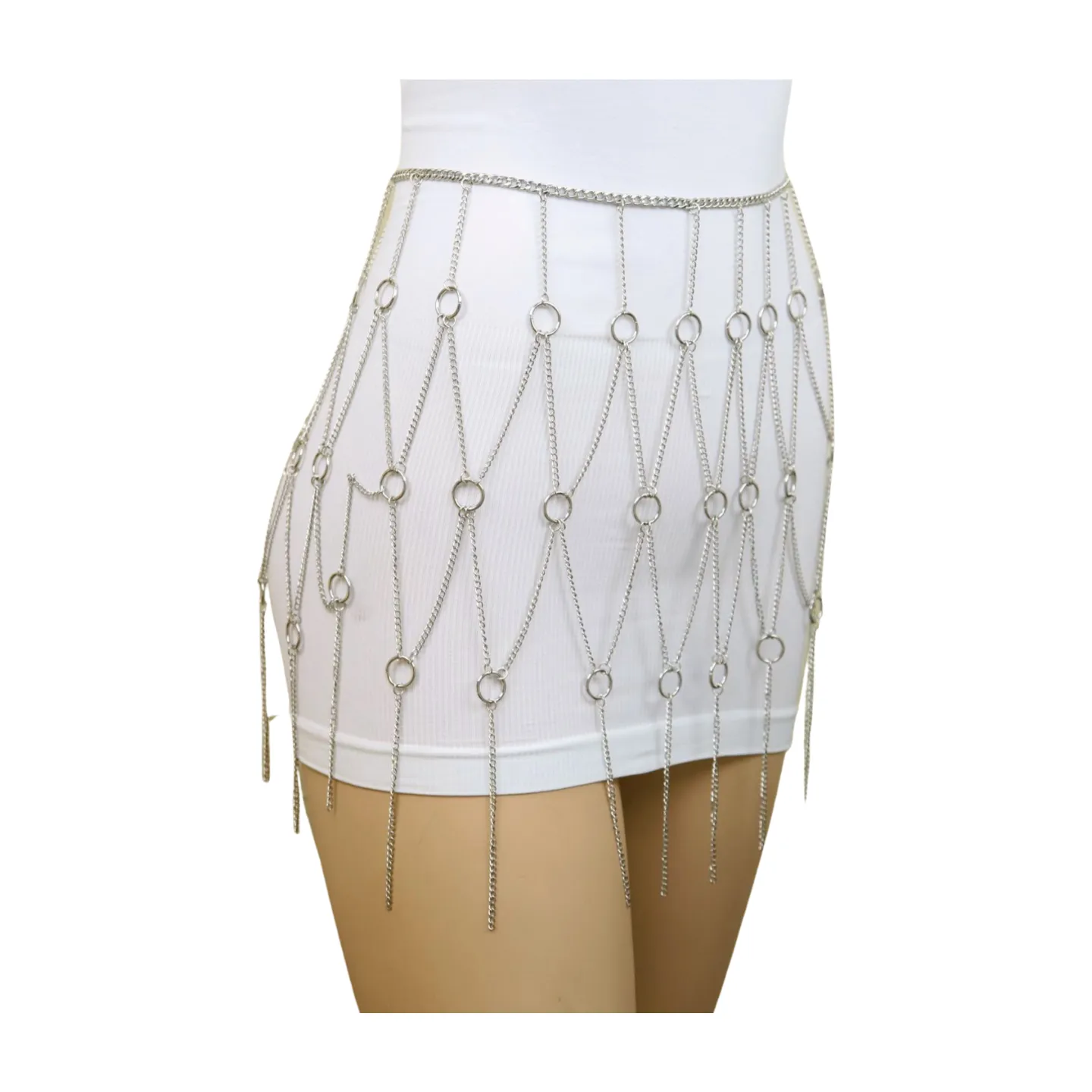 New Women Silver Metal Chain Circle Rings Skirt Belt High Waist S M