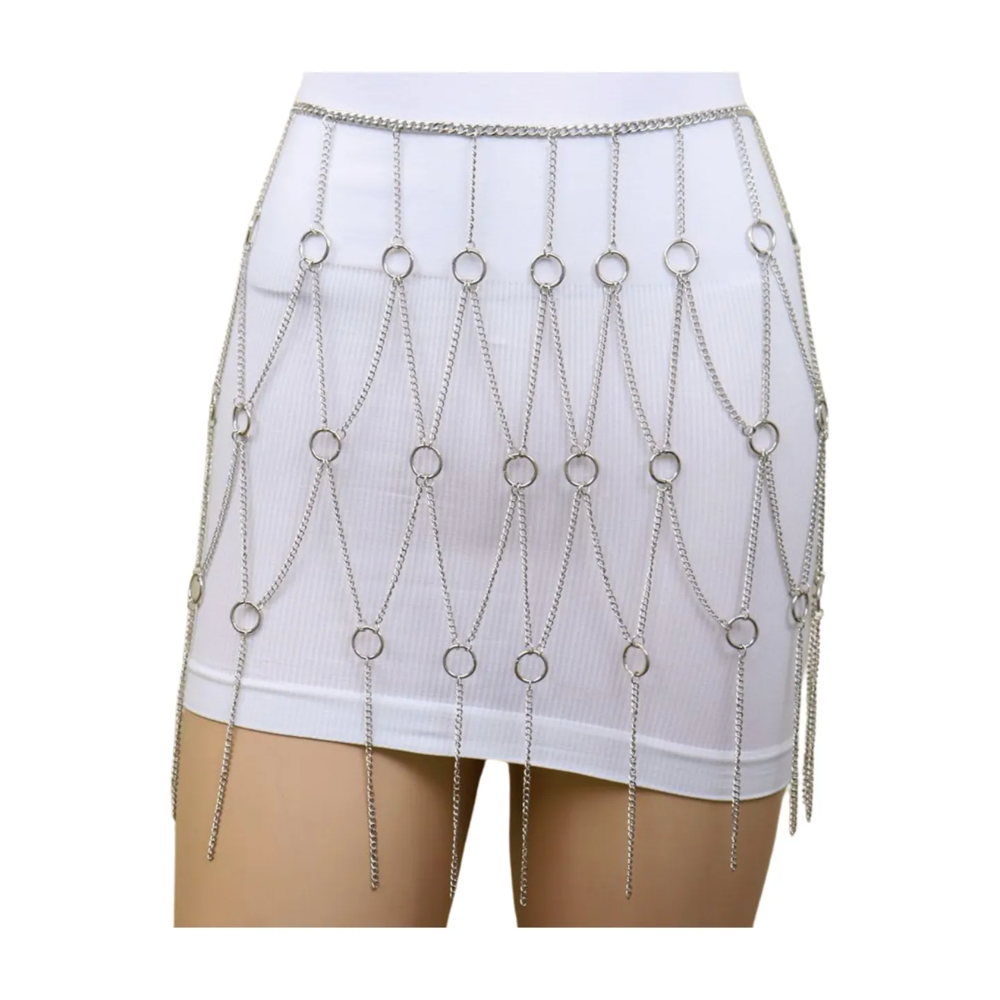New Women Silver Metal Chain Circle Rings Skirt Belt High Waist S M