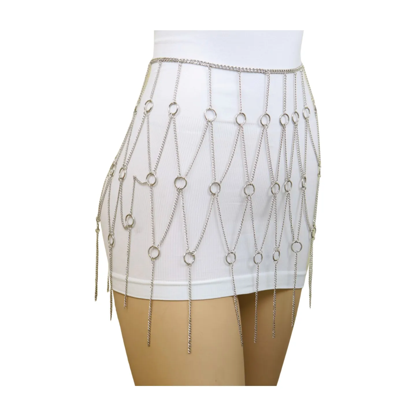 New Women Silver Metal Chain Circle Rings Skirt Belt High Waist S M