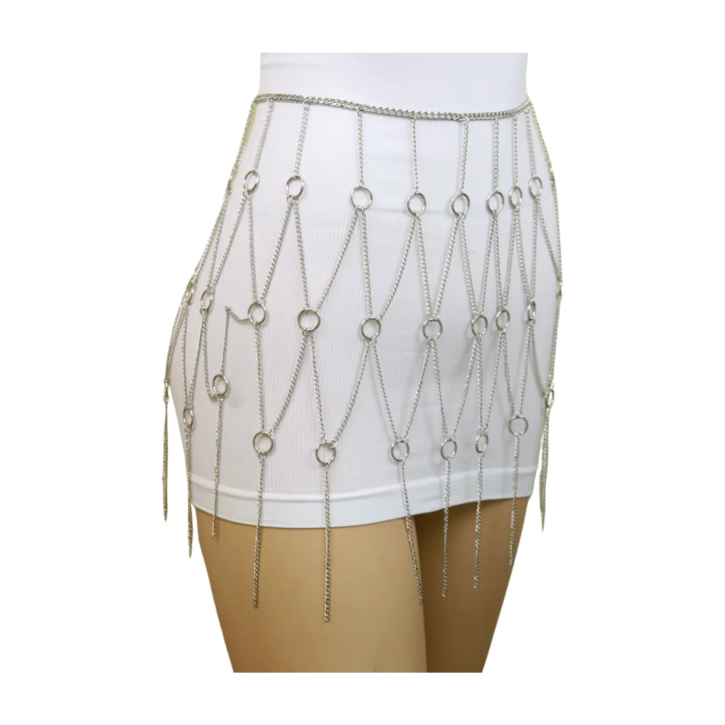 New Women Silver Metal Chain Circle Rings Skirt Belt High Waist S M