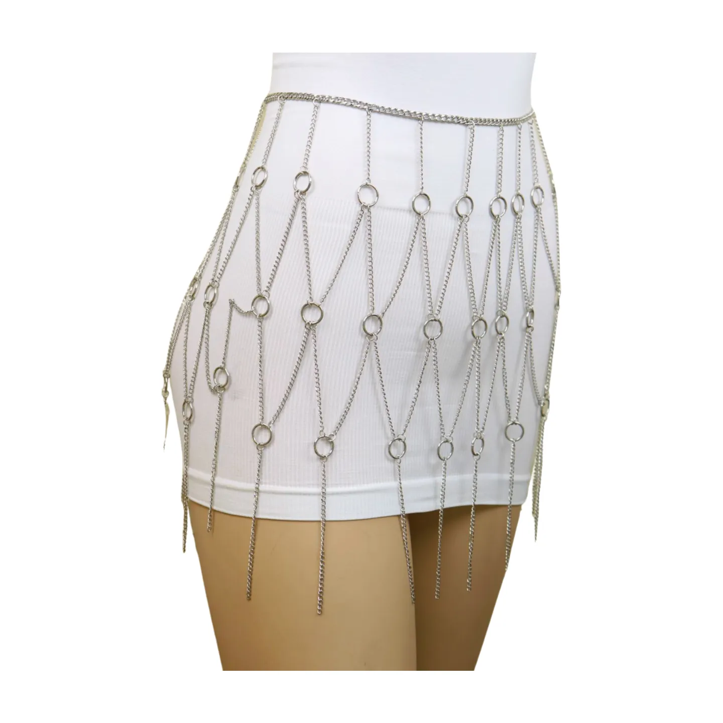 New Women Silver Metal Chain Circle Rings Skirt Belt High Waist S M