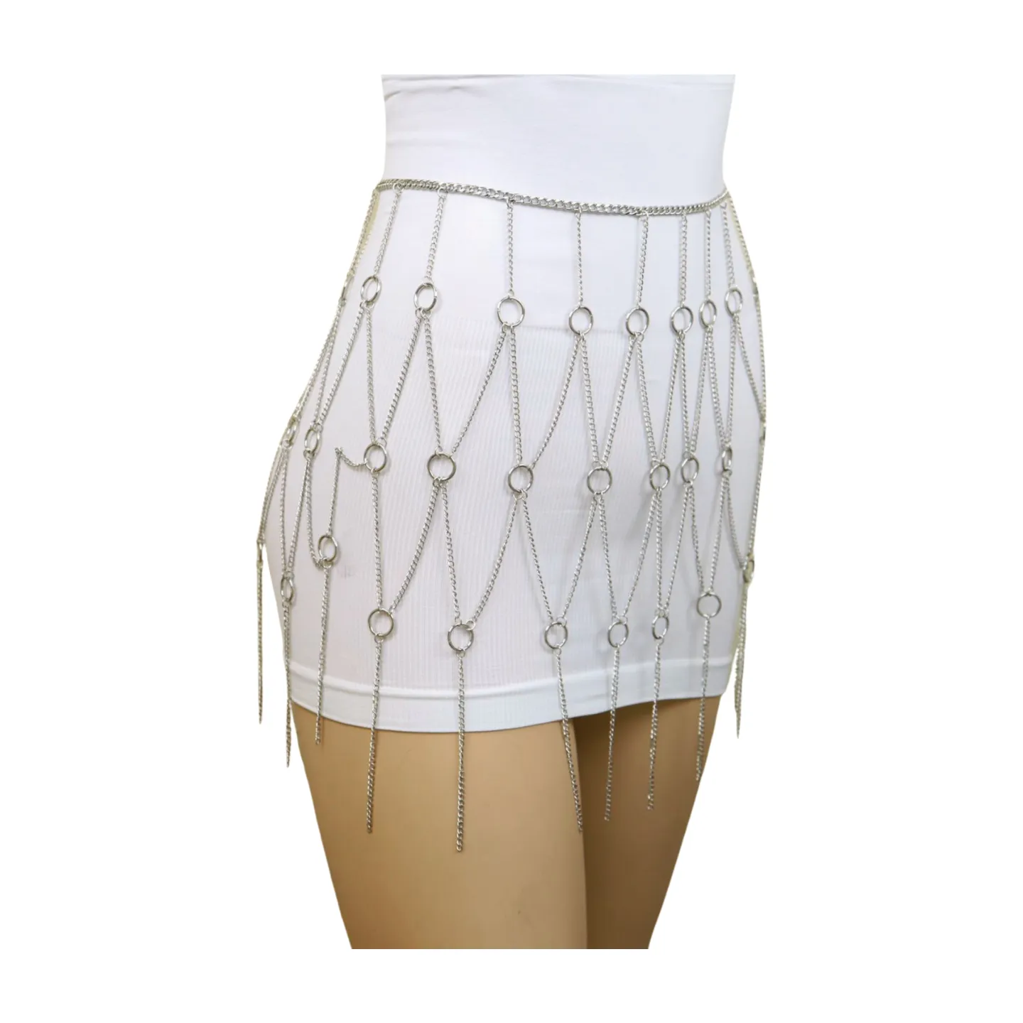 New Women Silver Metal Chain Circle Rings Skirt Belt High Waist S M