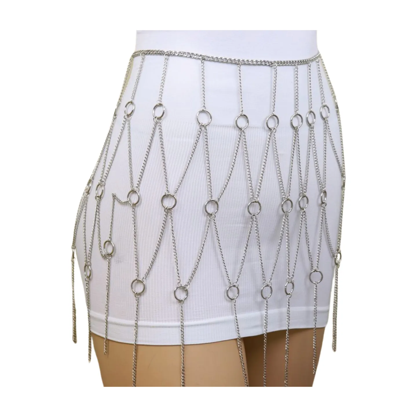 New Women Silver Metal Chain Circle Rings Skirt Belt High Waist S M