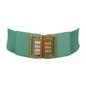 New Women Teal Blue Elastic Fashion Belt Gold Metal Bling Square Buckle S M