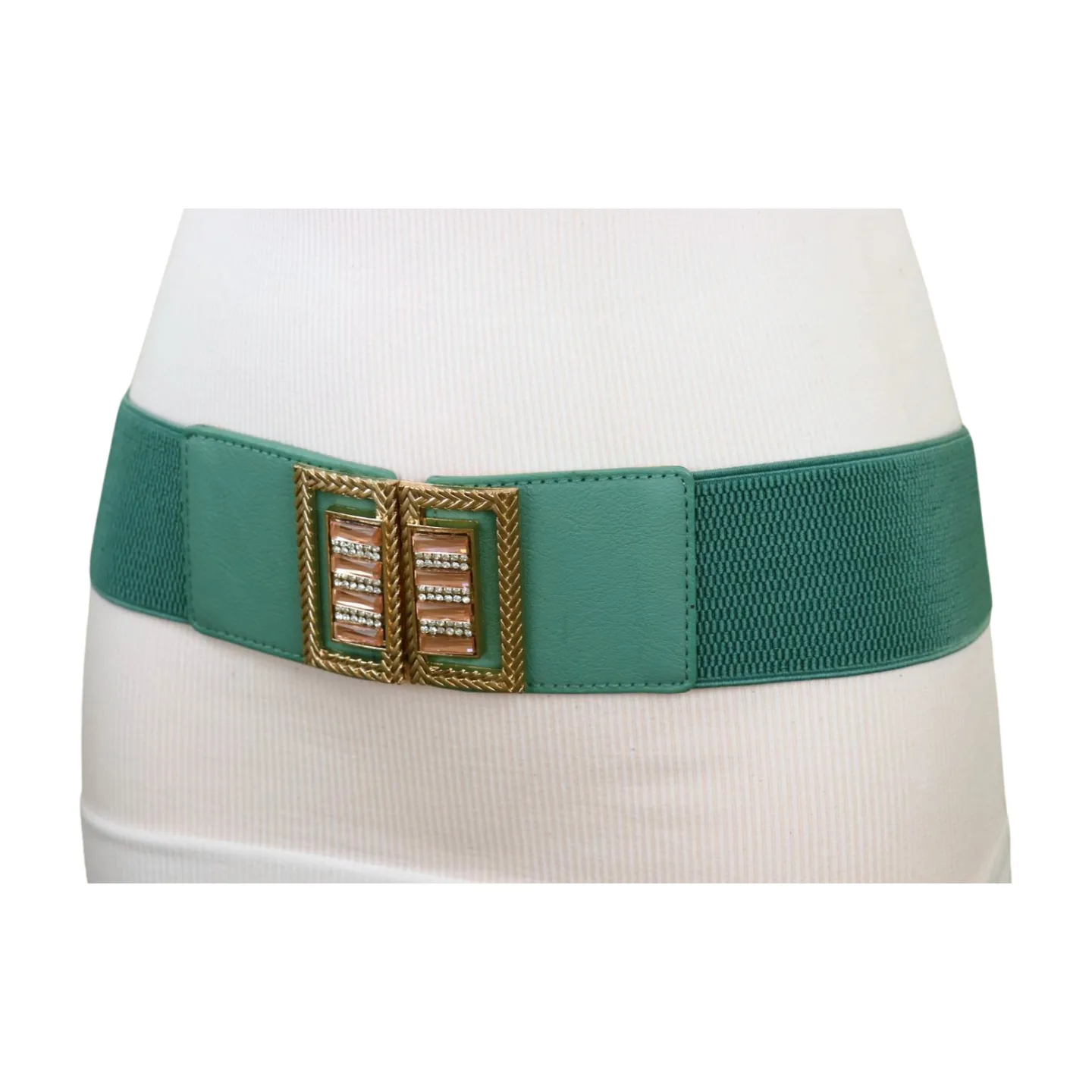 New Women Teal Blue Elastic Fashion Belt Gold Metal Bling Square Buckle S M