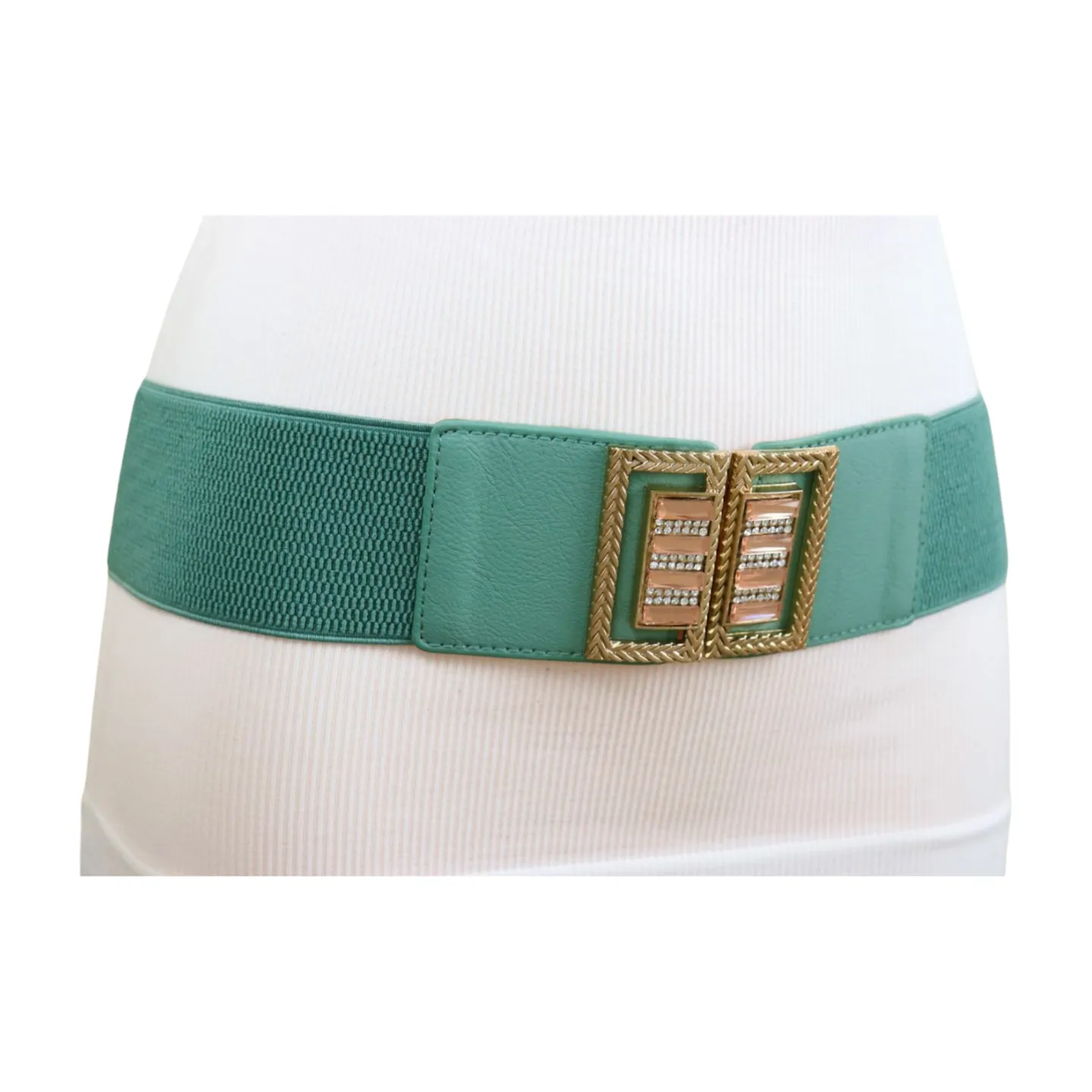 New Women Teal Blue Elastic Fashion Belt Gold Metal Bling Square Buckle S M
