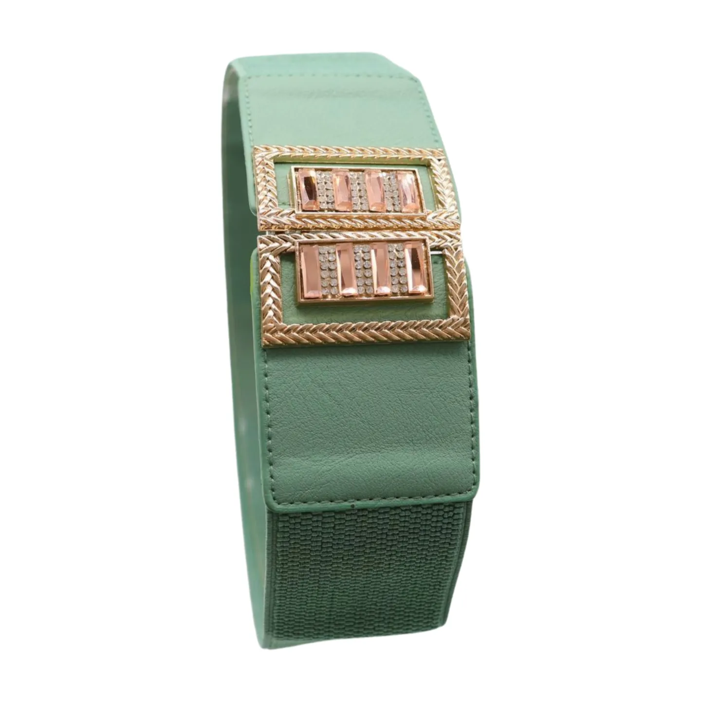 New Women Teal Blue Elastic Fashion Belt Gold Metal Bling Square Buckle S M