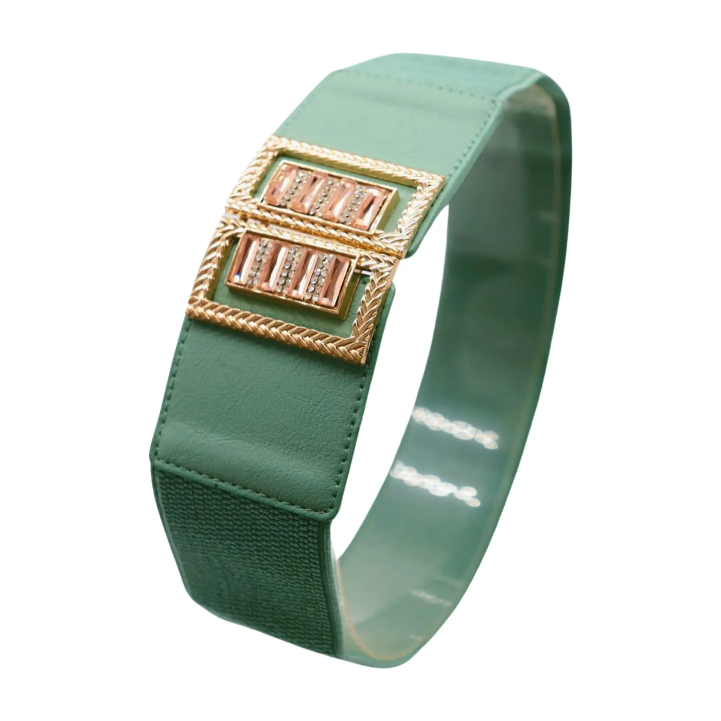 New Women Teal Blue Elastic Fashion Belt Gold Metal Bling Square Buckle S M