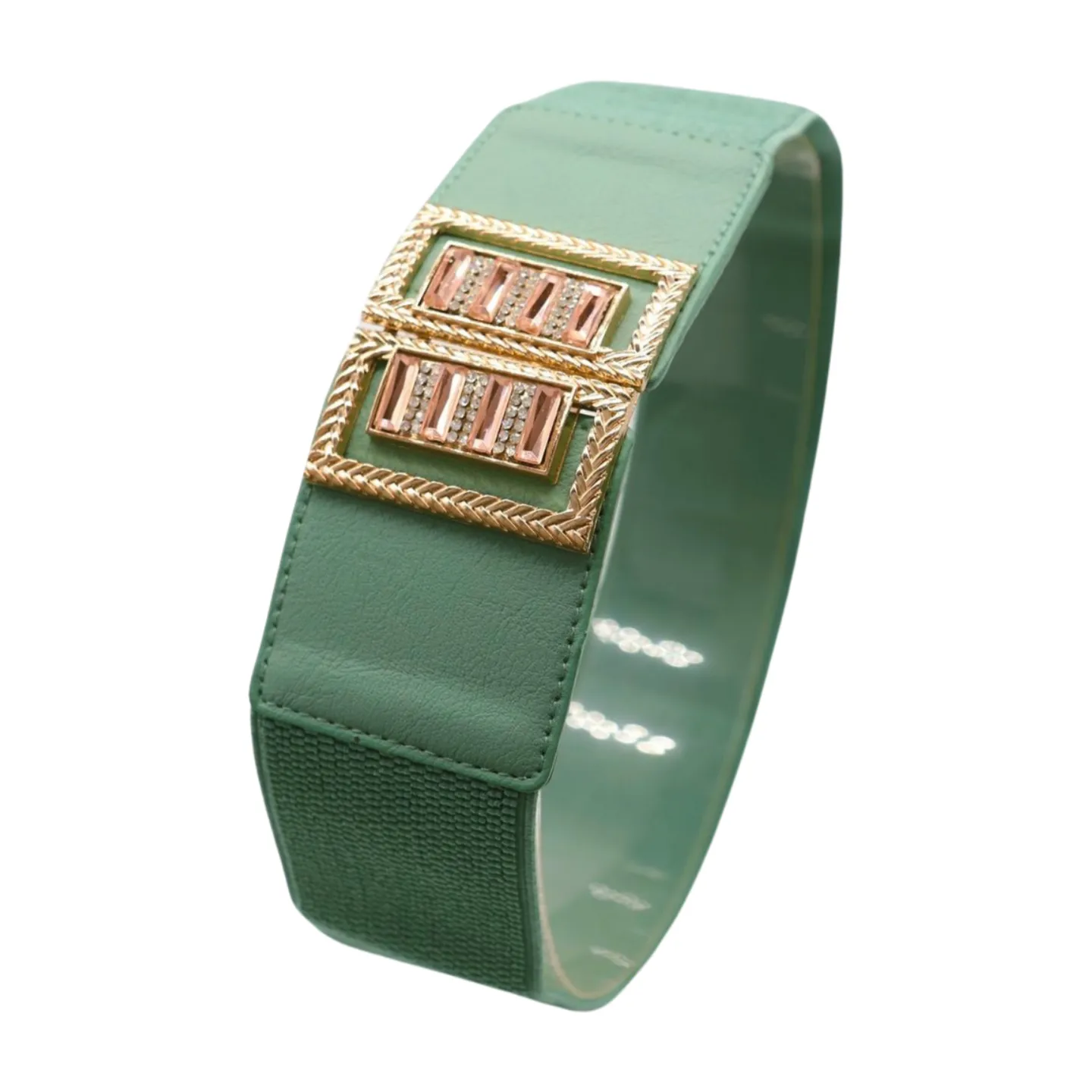 New Women Teal Blue Elastic Fashion Belt Gold Metal Bling Square Buckle S M