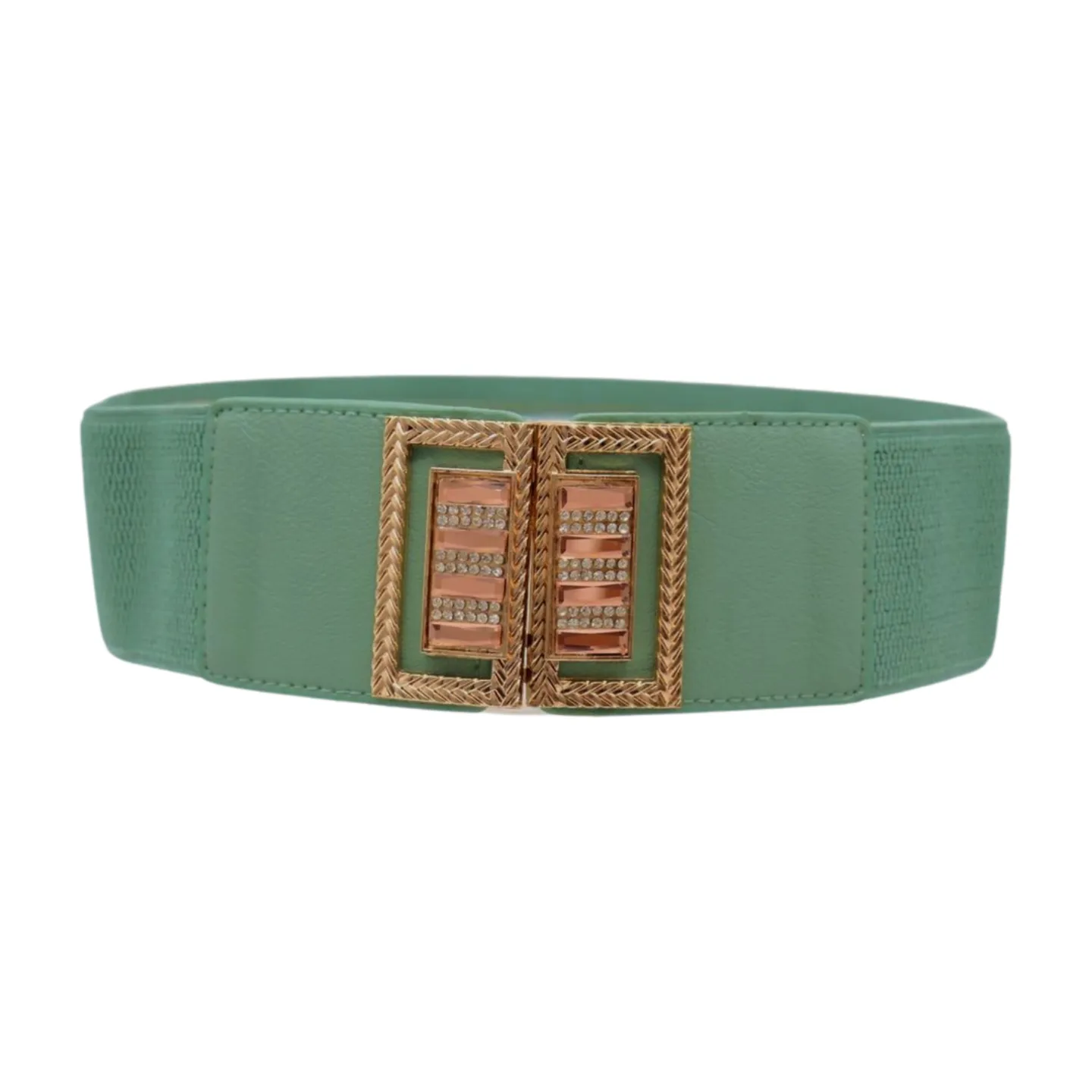 New Women Teal Blue Elastic Fashion Belt Gold Metal Bling Square Buckle S M
