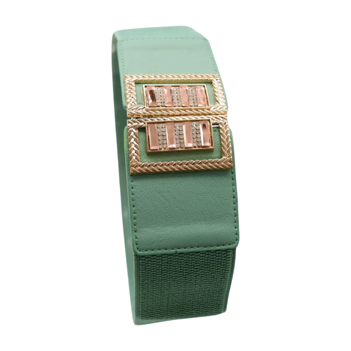 New Women Teal Blue Elastic Fashion Belt Gold Metal Bling Square Buckle S M