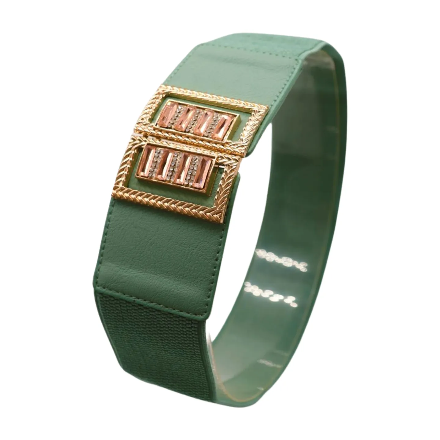 New Women Teal Blue Elastic Fashion Belt Gold Metal Bling Square Buckle S M