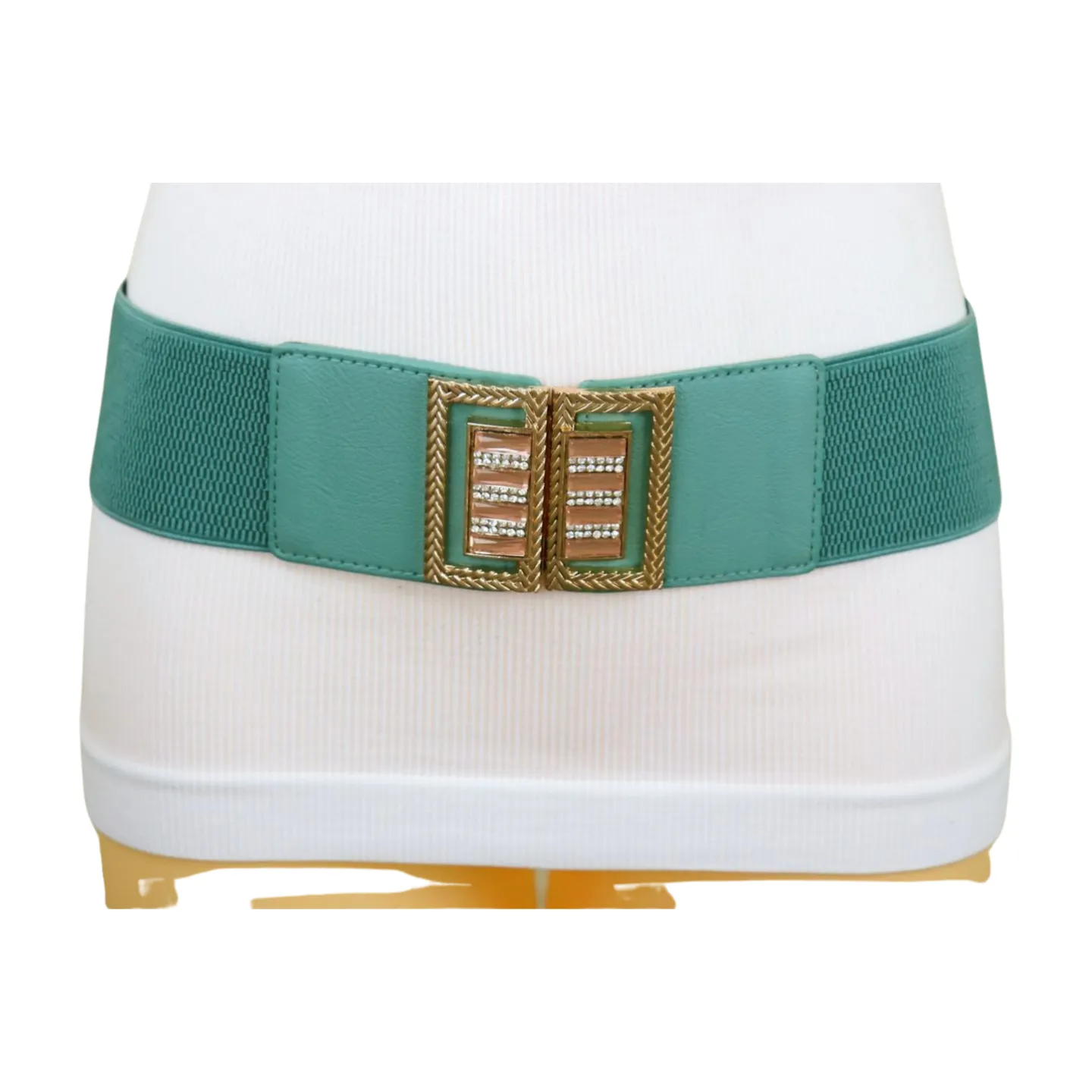 New Women Teal Blue Elastic Fashion Belt Gold Metal Bling Square Buckle S M