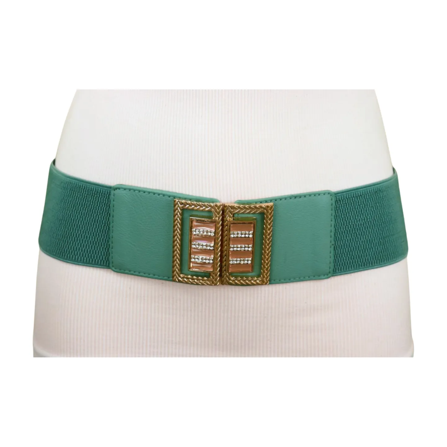 New Women Teal Blue Elastic Fashion Belt Gold Metal Bling Square Buckle S M