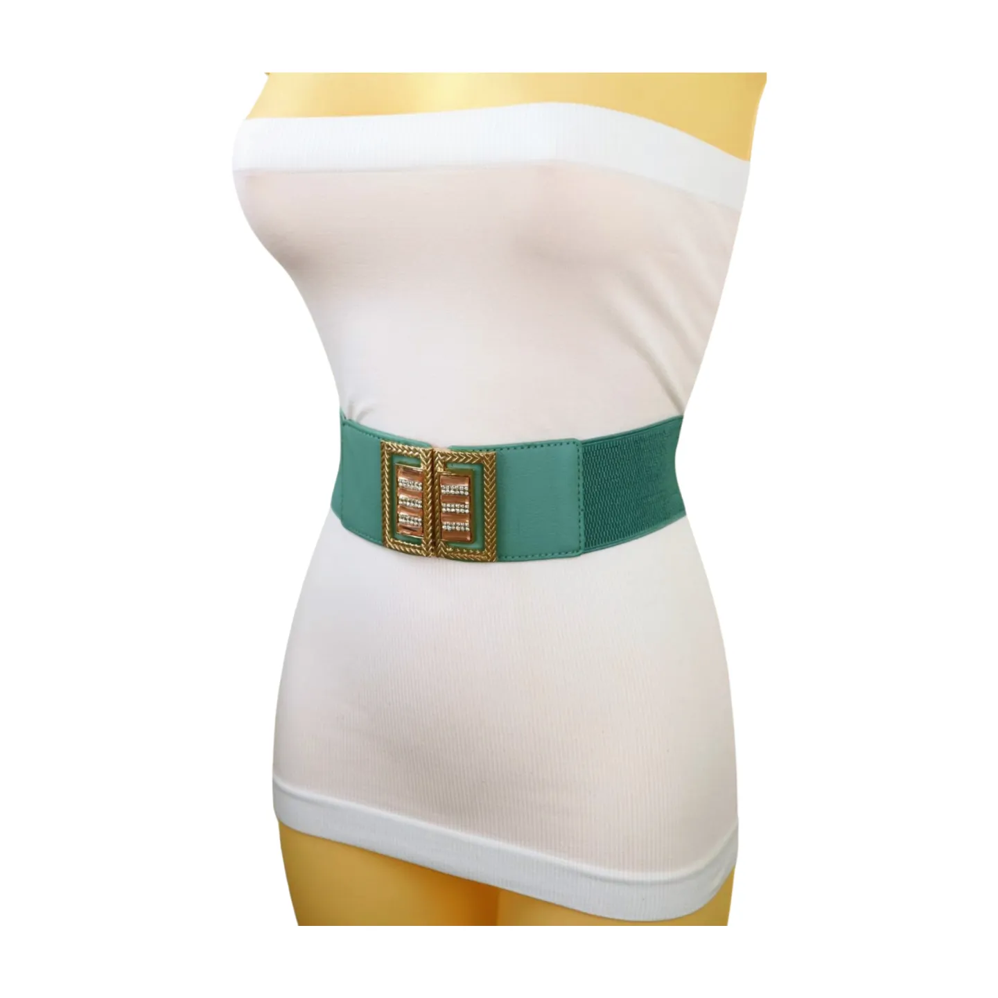 New Women Teal Blue Elastic Fashion Belt Gold Metal Bling Square Buckle S M