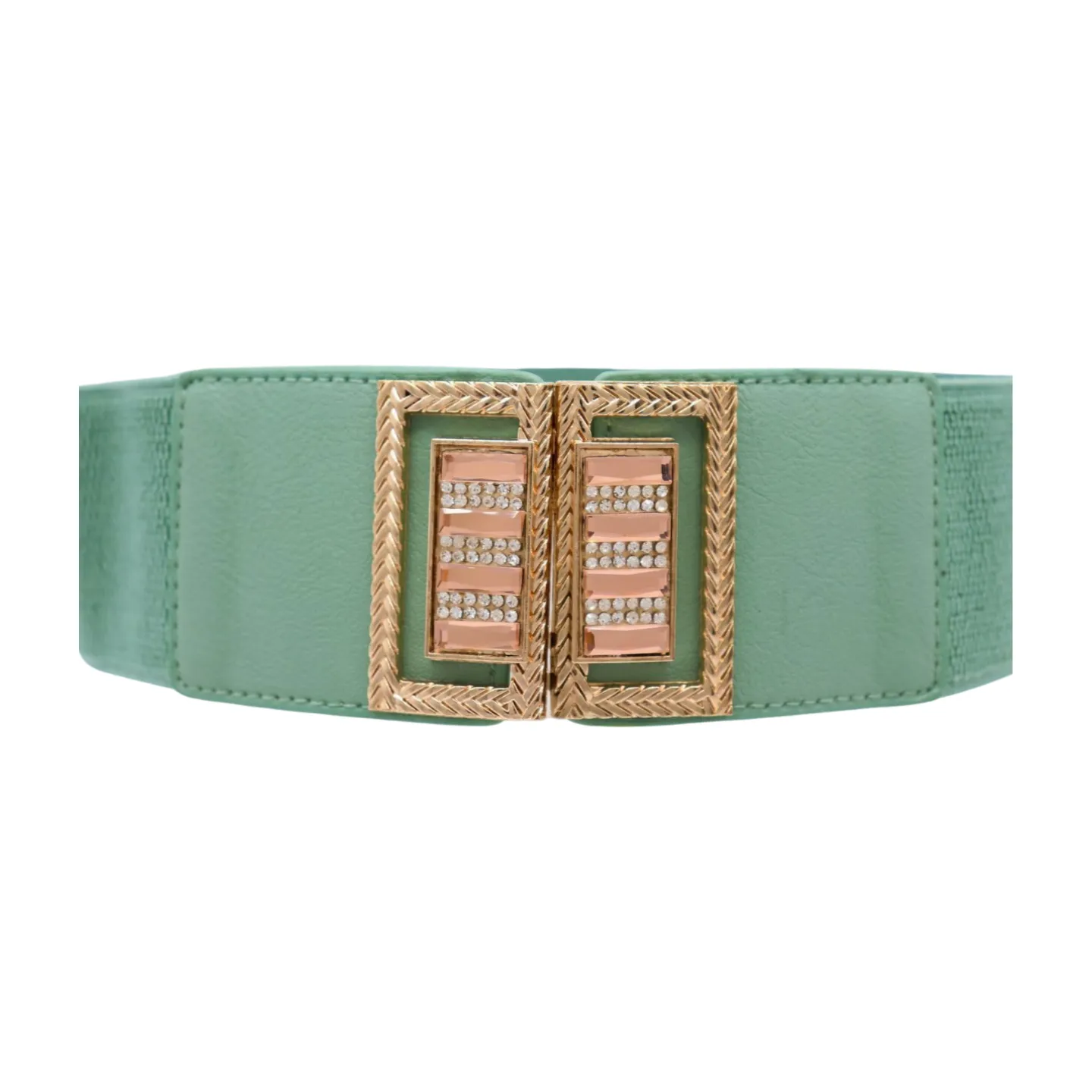 New Women Teal Blue Elastic Fashion Belt Gold Metal Bling Square Buckle S M