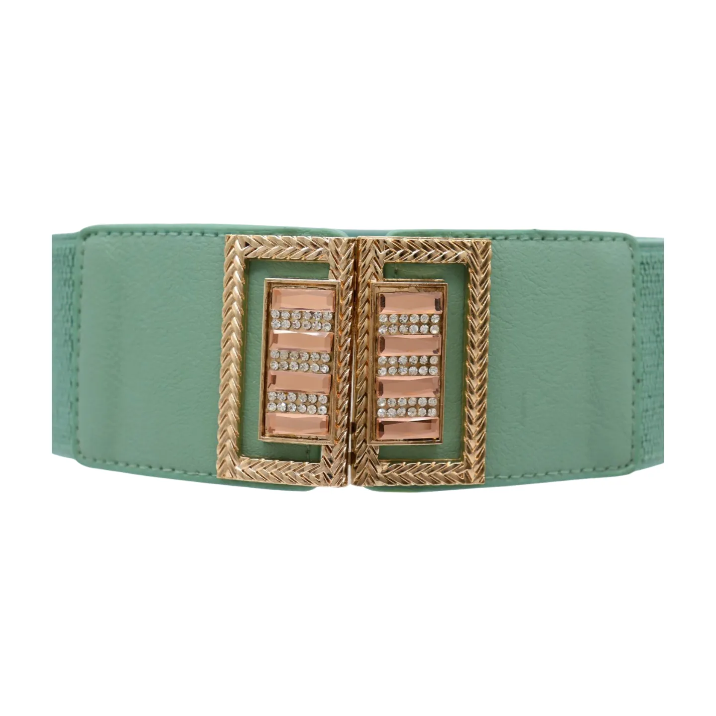 New Women Teal Blue Elastic Fashion Belt Gold Metal Bling Square Buckle S M
