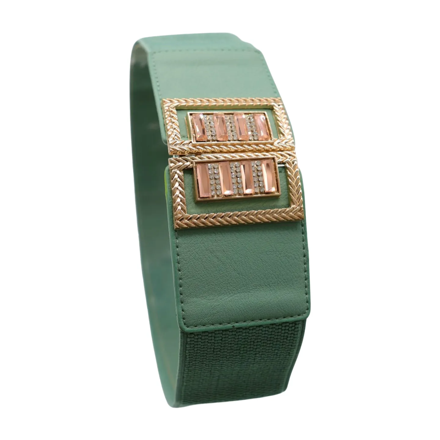 New Women Teal Blue Elastic Fashion Belt Gold Metal Bling Square Buckle S M