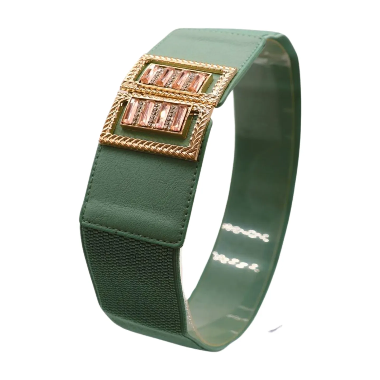 New Women Teal Blue Elastic Fashion Belt Gold Metal Bling Square Buckle S M