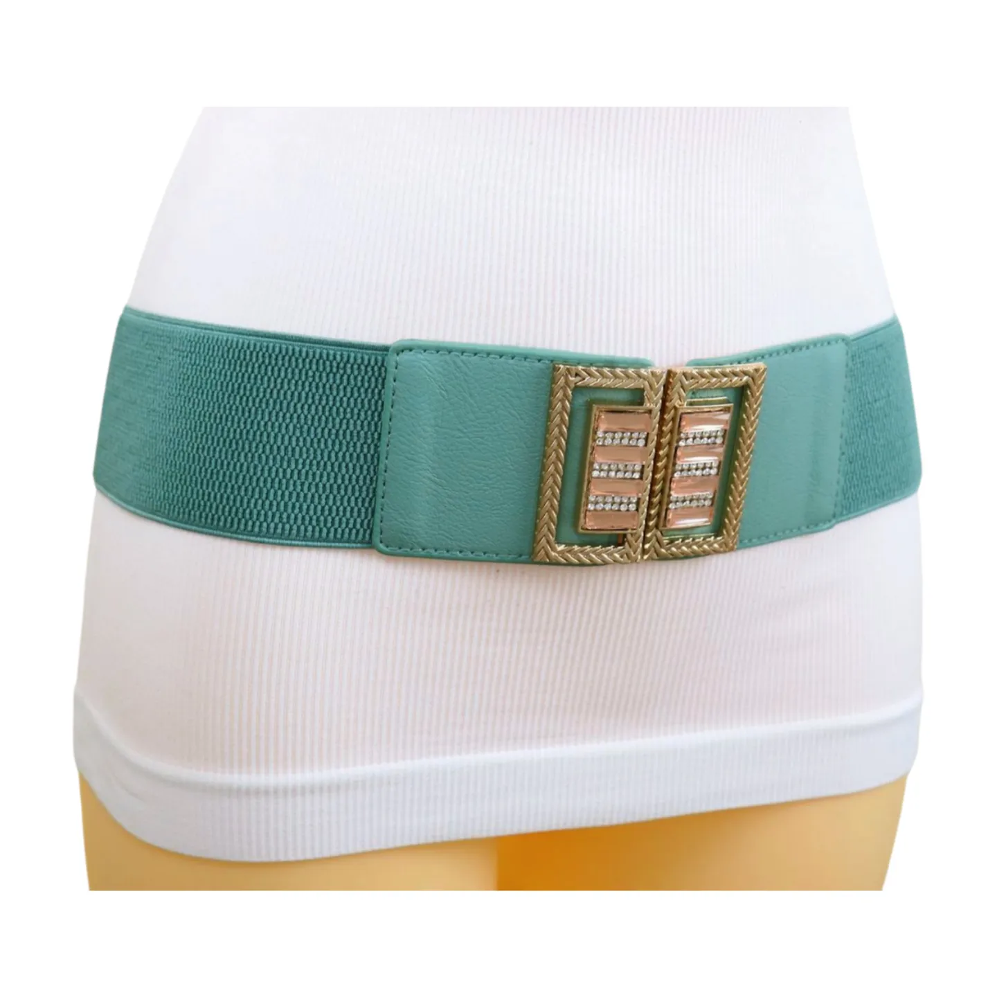 New Women Teal Blue Elastic Fashion Belt Gold Metal Bling Square Buckle S M