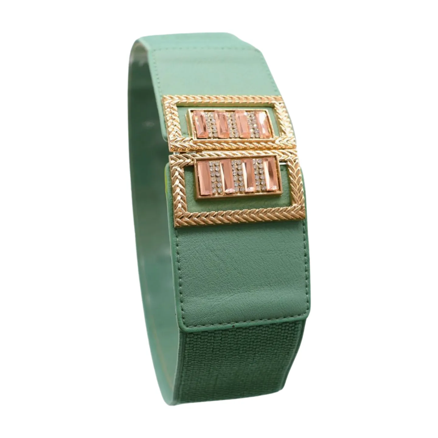 New Women Teal Blue Elastic Fashion Belt Gold Metal Bling Square Buckle S M