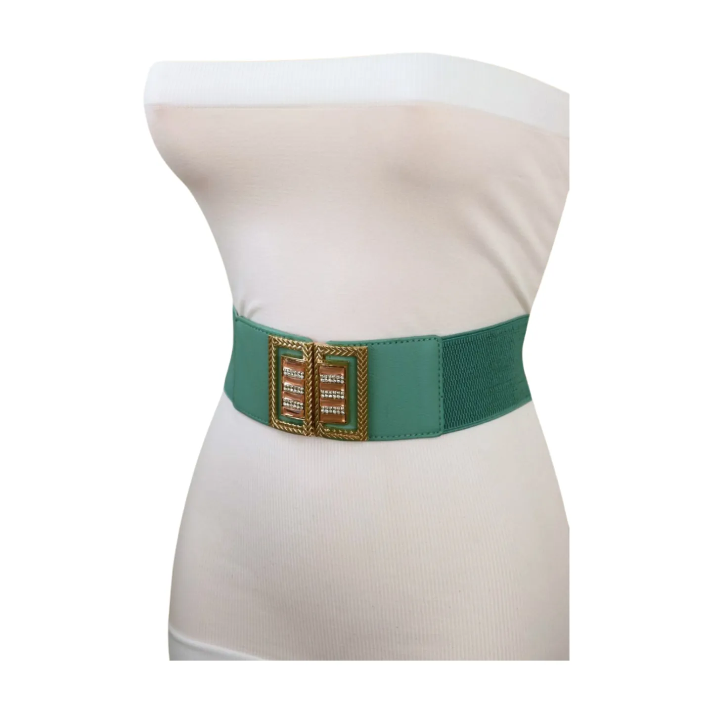 New Women Teal Blue Elastic Fashion Belt Gold Metal Bling Square Buckle S M