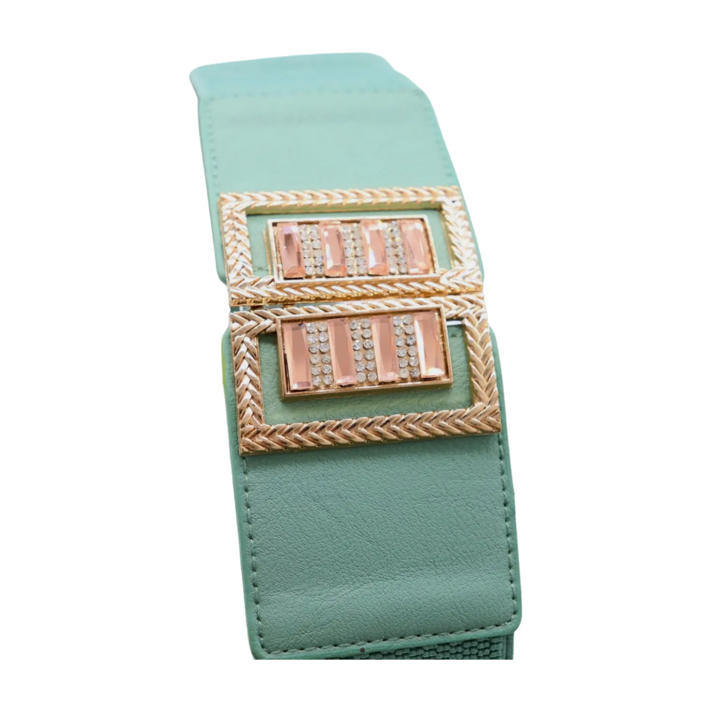 New Women Teal Blue Elastic Fashion Belt Gold Metal Bling Square Buckle S M