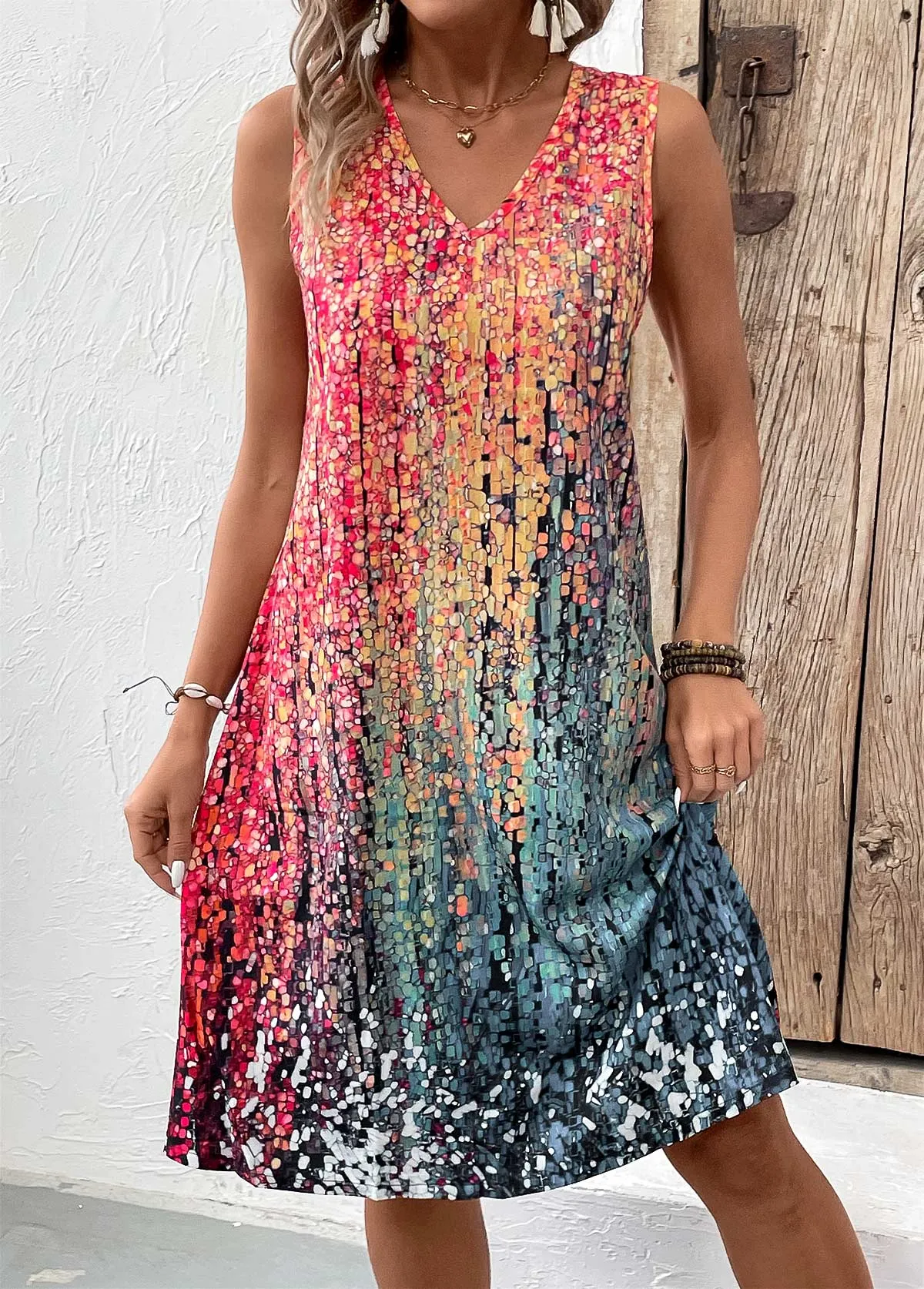 New Women's MODLILY DESIGN Coral A Line Sleeveless V Neck Dress Sz M, Retails $47 