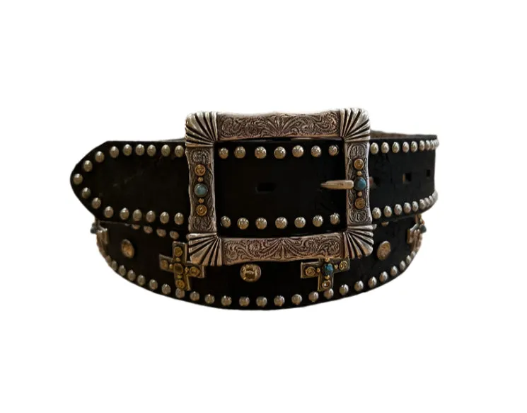 Nocona Belt - Black Leather Adorned with Crosses with Stones