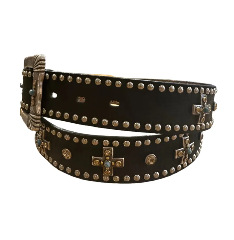 Nocona Belt - Black Leather Adorned with Crosses with Stones
