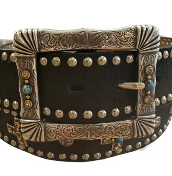Nocona Belt - Black Leather Adorned with Crosses with Stones