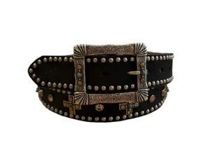 Nocona Belt - Black Leather Adorned with Crosses with Stones