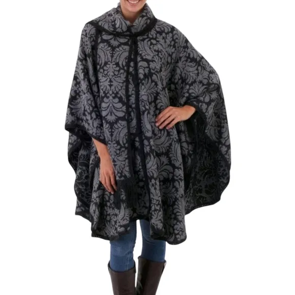 NOVICA Black/Gray Alpaca Wool Blend Knitted Jaquard Handmade Cape/Cloak OSFA