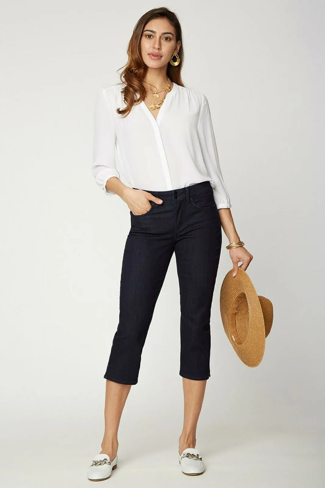 NYDJ Slim Capri Jeans In Cool Embrace Denim With Double Snap Waist Dark Navy 8