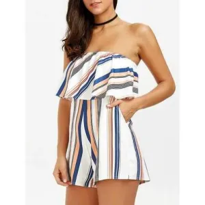 Off The Shoulder Overlay Striped Romper - L