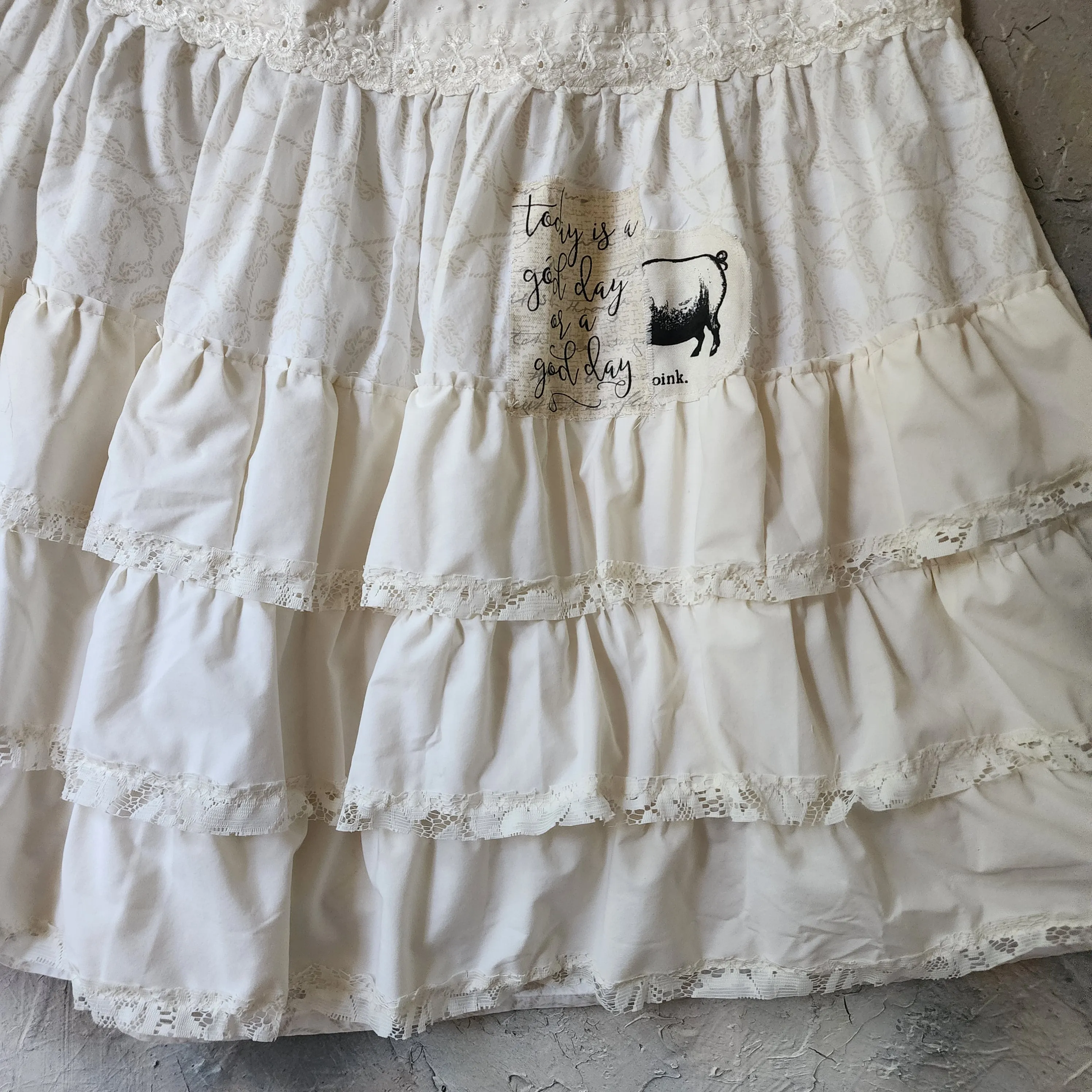 OINK OINK /  Designer Maxi Skirt Boho Vintage Boro Patchwork Upcycled Antique Lace Sustainable Off-White Cotton Ruffle Skirt