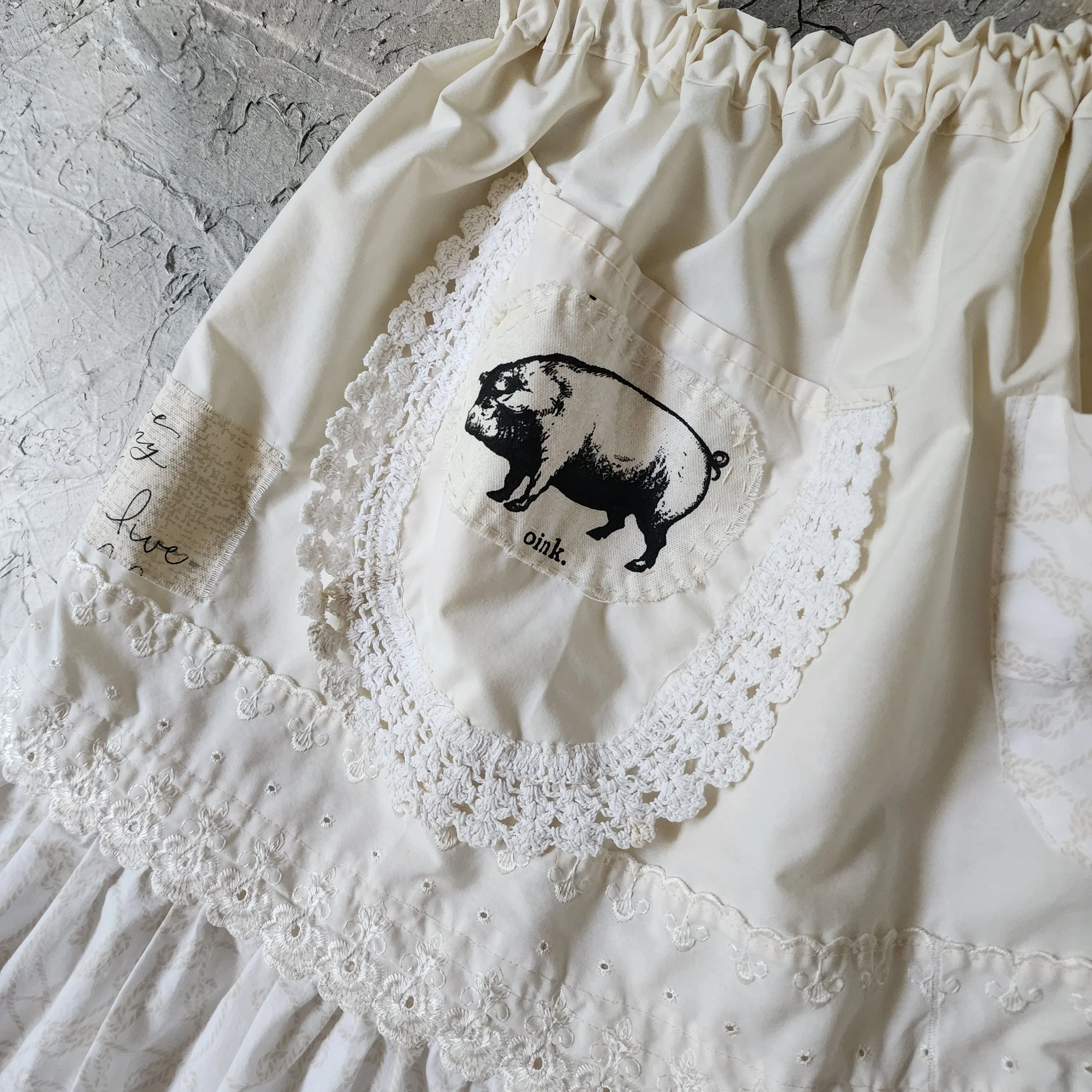 OINK OINK /  Designer Maxi Skirt Boho Vintage Boro Patchwork Upcycled Antique Lace Sustainable Off-White Cotton Ruffle Skirt