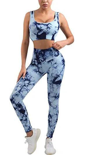 OLCHEE Women's 2 Piece Workout Outfits - Seamless Tie-dye Leggings and Sports Bra Yoga Activewear Set - Blue Size XL