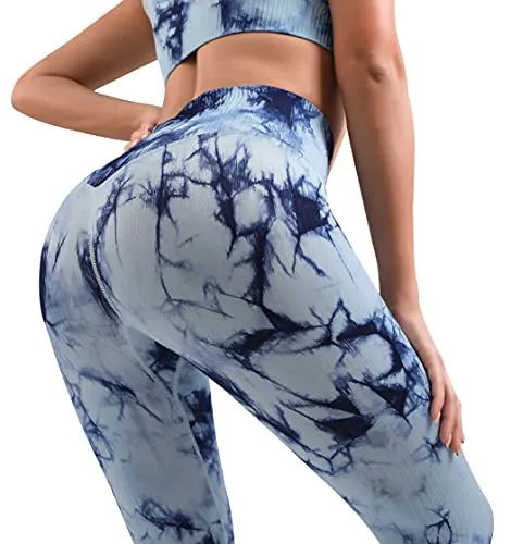 OLCHEE Women's 2 Piece Workout Outfits - Seamless Tie-dye Leggings and Sports Bra Yoga Activewear Set - Blue Size XL