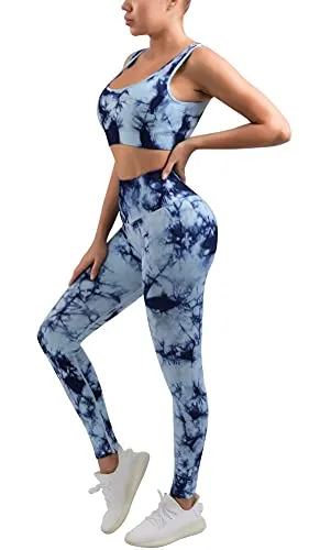 OLCHEE Women's 2 Piece Workout Outfits - Seamless Tie-dye Leggings and Sports Bra Yoga Activewear Set - Blue Size XL