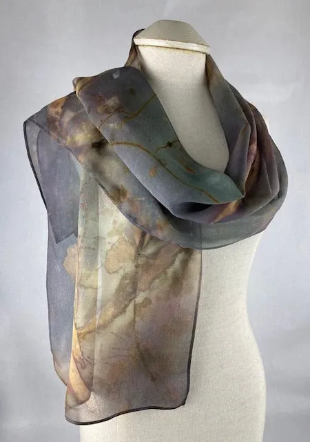 One of a kind fashion accessory hand dyed eco printed silk chiffon luxurious scarf